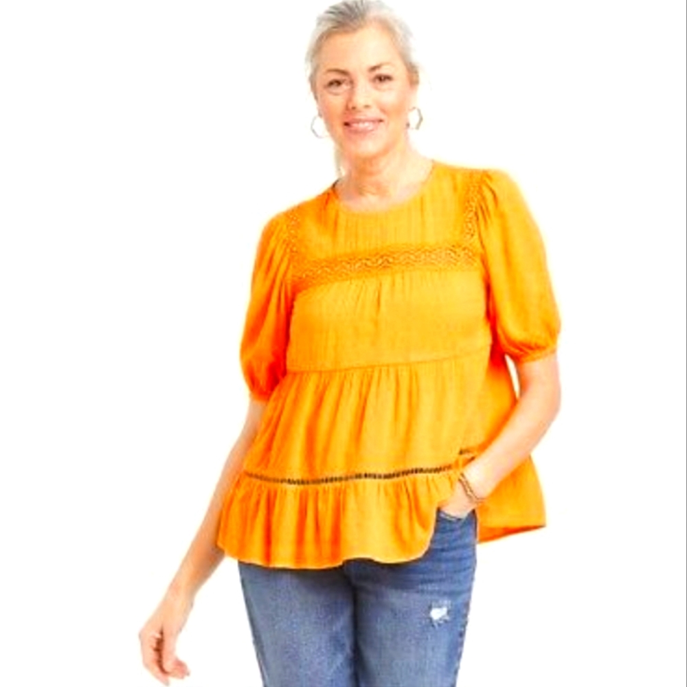 NWT Knox Rose Women's Puff Short Sleeve Lace Inset Blouse - Medium - Solaris